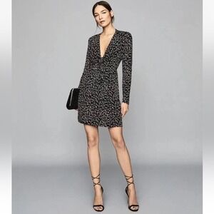 REISS Julia Zigzag Print Plunge Dress Black Long Sleeve Size 4